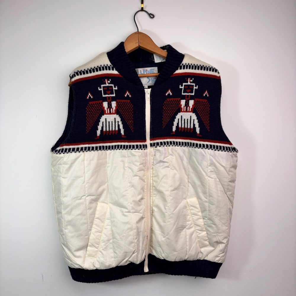 Vintage 1970s Alpine Knit Thunderbird Native Southwestern Puffer Vest Large